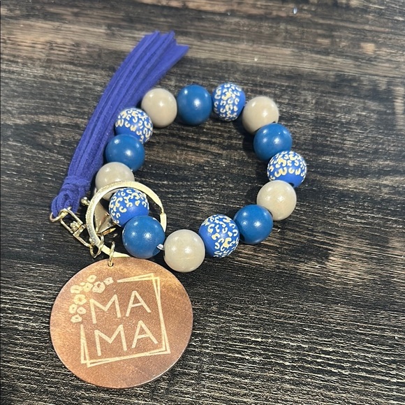 NWT Mama Wooden Beaded Bracelet Keychain with Tassel & Thick Charm Royal Blue - Picture 2 of 5